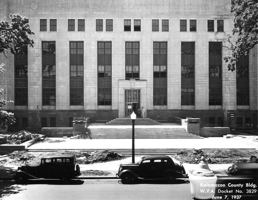 Historic Kalamazoo County Building courthouse in Kalamazoo, Michigan, photographed in 1937 during the era when redlining and housing segregation policies shaped the city.