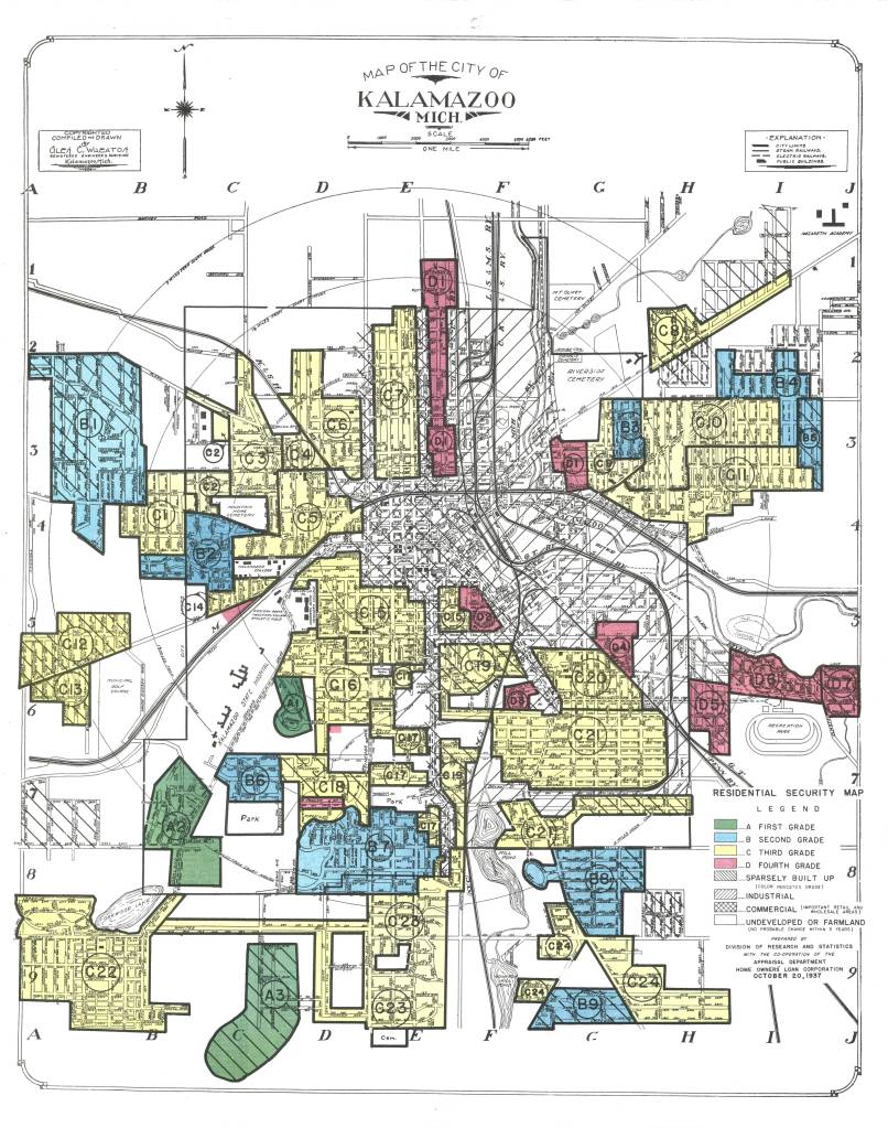 1937 Home Owners' Loan Corporation redlining map of Kalamazoo, Michigan showing neighborhood grading used to determine mortgage lending risk.